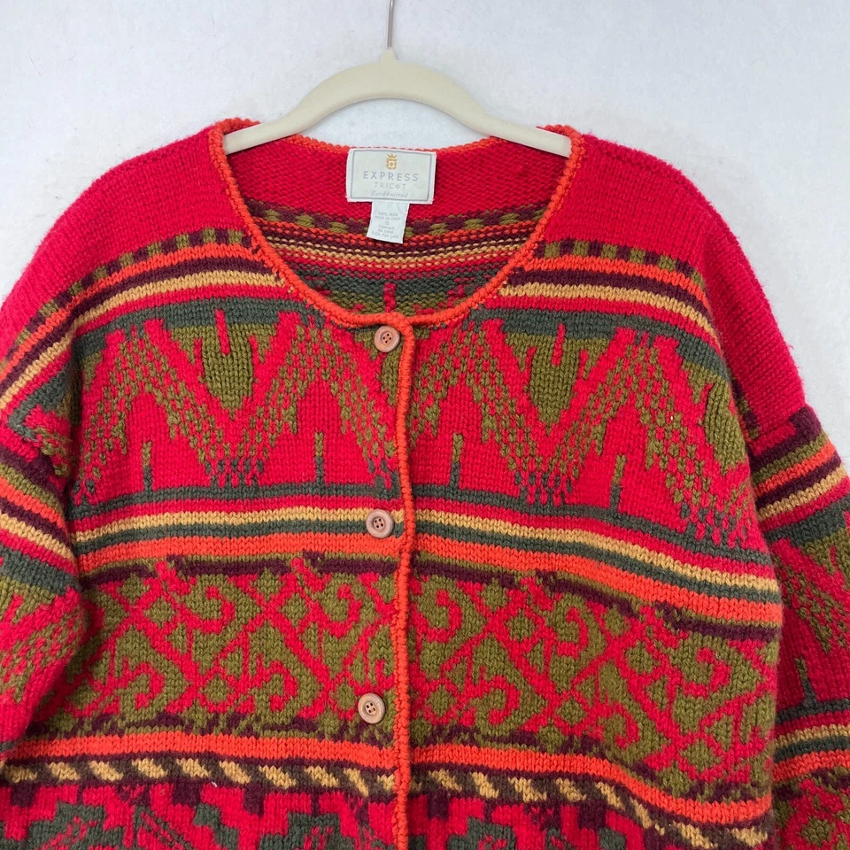 Cárdigan Express Mujer S Rojo Tejido a Mano 100% Lana Patrón Isla Justa Grueso Tejido Foto 4 de 4