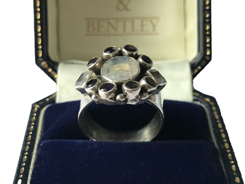 Moonstone & Amethyst Ring 925 Silver Art Deco Vintage Moonstone Ring - Size P - 第 5/12 張圖片