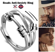 925 Sterling Silver Anti-Anxiety Ring w/ Beads Adjustable Rotating Men Women USA