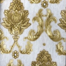 Image of Damask Floral Stripe Plain Brown Gold Textured Heavy Weight Vinyl Wallpaper