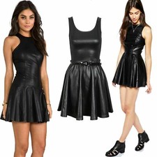 New Ladies PVC Wet Look Plus Belted Flared Celebrity Sexy Skater Dress TOP 8-26