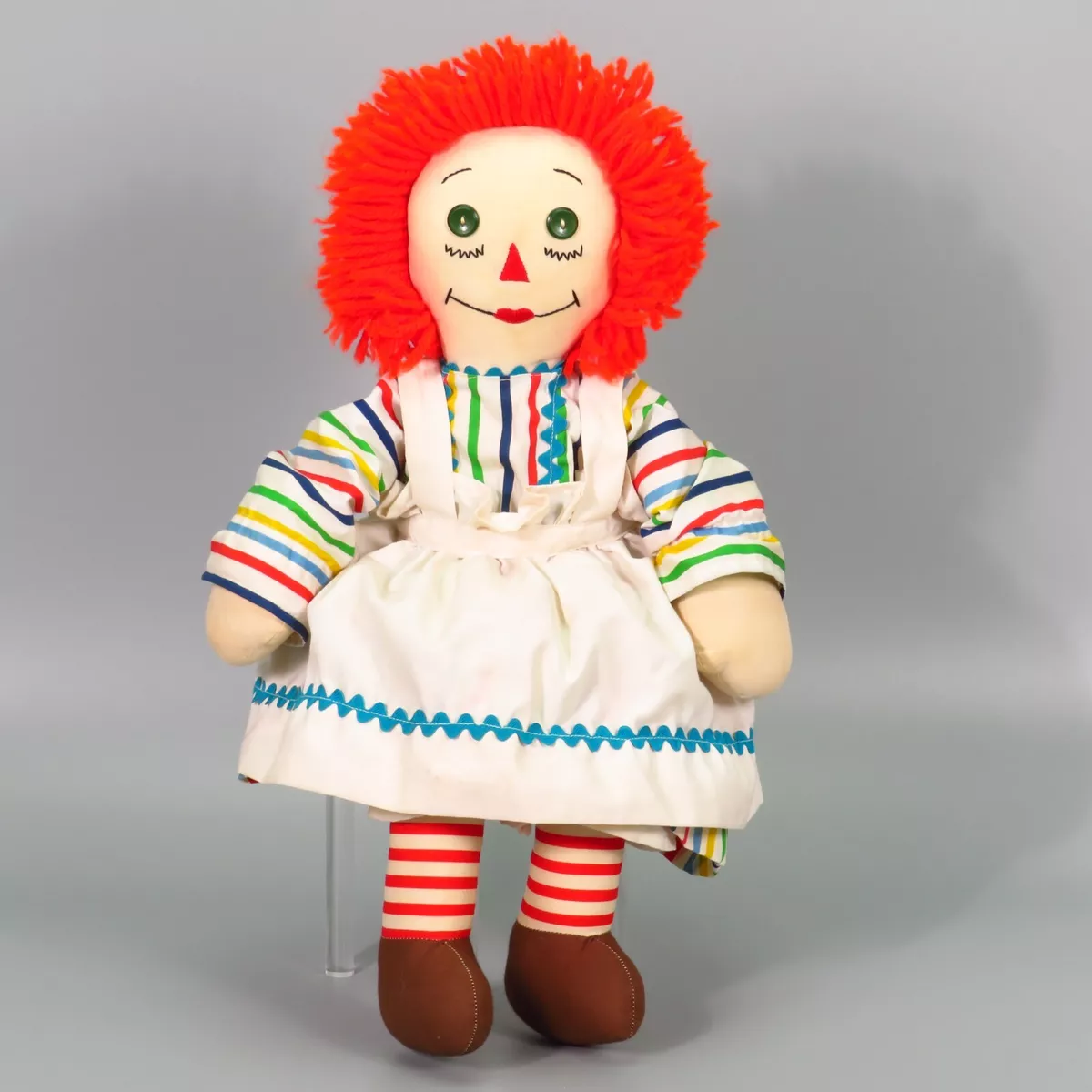 Vintage Raggedy Ann Doll Red Hair Candy Stripe Dress Cloth Button Eyes Handmade