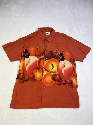 Obey Ginger Biscuit Multi Fruits Bowl Woven Button Up Shirt Mens Large L Red