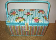 Susan Winget Sewing Basket with Handle & Tray Floral Multicolor Stripes New Tags