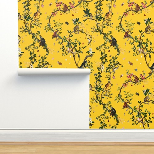 Removable Water Activated Wallpaper Yellow Monkey Chinoiserie Jungle Tree Plant Ebay