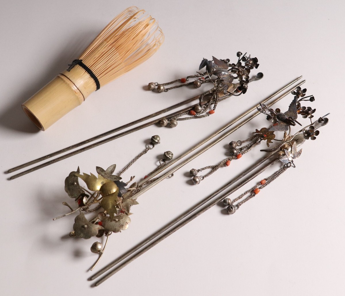 Japanese Silver&Coral Kanzashi Hairpin Set of 3 Geisha Accessory