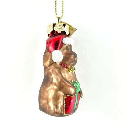 Christmas Ornament Dog in Santa Hat w Present Hand Painted Glass 2.25 x 1 in. - Picture 2 of 5