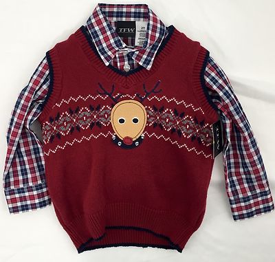 TFW Red Reindeer Vest 3 Piece Outfit Plaid Shirt & Courdoroy Pants SZ 2T