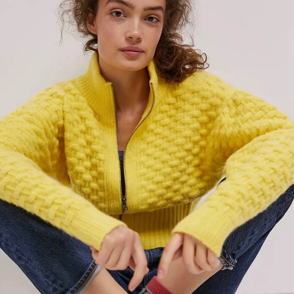 Anthropologie Maeve Buttercup Yellow Textured Knit Sweater Cardigan Size Small