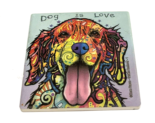 Dean Russo Artist "Dog is Love" Golden Retriever Absorbent Stone Coaster & Easel
