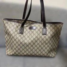 GUCCI GG Pattern Tote Hand Bag Leather PVC Beige Brown Silver Hardware Logo