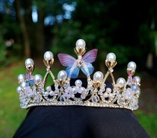 Butterfly Tiara Bridal Pearl Gold Crown Birthday Wedding Gift Diadem women girls