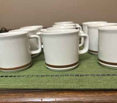 Lot of 10, Ekco Eterna, CAMELOT,  Cups, Stoneware, Brown Rim ~ Japan