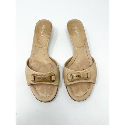 Vintage Prada Beige Leather Logo Sandal Kitten Heel retro size 37 Slip On Mule