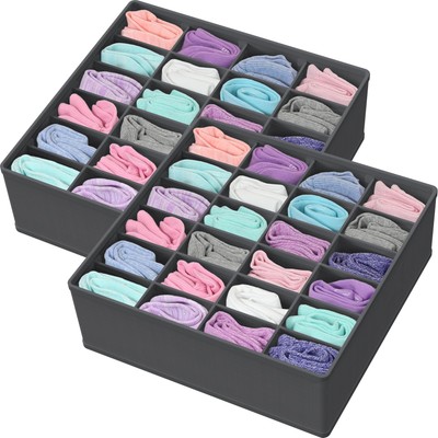 2 Pack - Simple Houseware Closet Socks Organizer, 24 Cell Drawer Divider, Dark