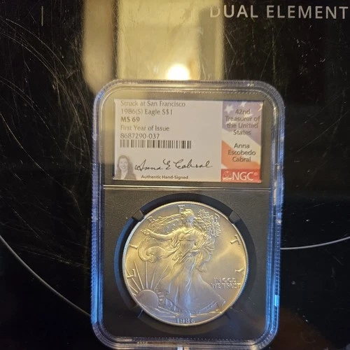 1986 (S) $1 Silver Eagle MS69 Anna Escobedo Cabral Signed Struck at San Francisc