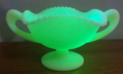 Fenton Uranium Satin Custard  Three 3 Fruits 2 Handled Footed Bonbon Candy Dish