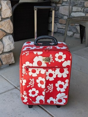 VTG Roxy Y2K Carry On Suitcase Red Daisy Floral Rolling Luggage Faux Leather