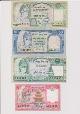 NEPAL - Lot 4 verschiedene zirkulierte sehr schöne Scheine - 100 / 50 / 5 / 100 Rupien