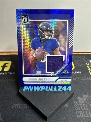 Lamar Jackson 2024 Panini Donruss Optic #DTB-LJN Blue Hyper Threads Patch Ravens