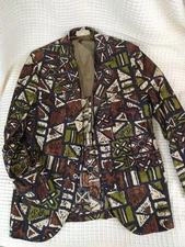 Sandwich Isles 38 R Hawaiian Tapa Tiki Jacket Blazer Cotton Vintage Browns