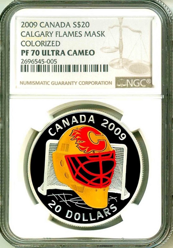 2009 Canada S$20 Calgary Flames Goalie Mask Colorized 125 Mintage NGC PF70 UC