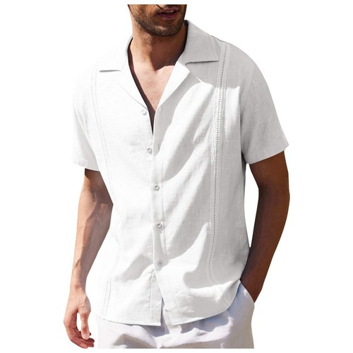 Mens Slim Fit Casual Cotton Shirt, Short Sleeve Lapel Cardigan, Plain Solid Desi - Picture 17 of 37