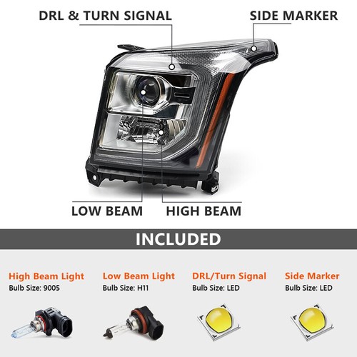 Driver Headlight For 2015-2020 GMC Yukon Halogen Headlamp LED DRL Projector Left - Picture 4 of 13