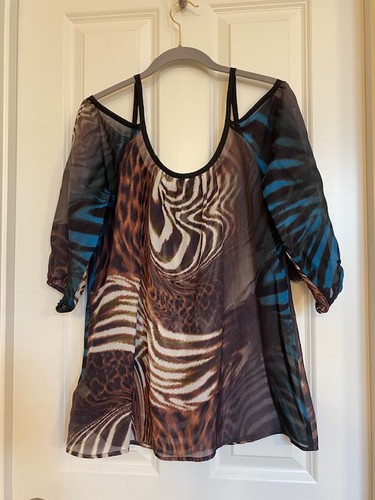 Bebe 100% Silk Cold Shoulder Blouse Animal Print Brown/Blue Size M - Picture 2 of 21