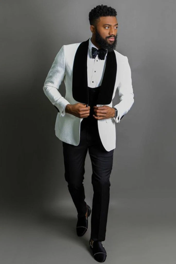 Men s New Tuxedo White Jacket Black Lapels 2 Piece Suit Classic
