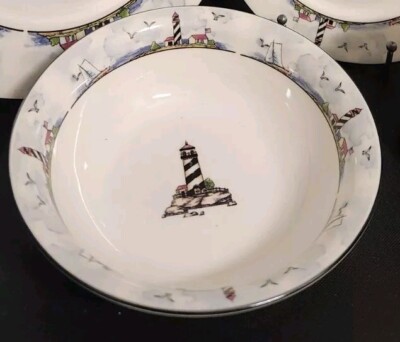 TOTALLY TODAY Coastal Lighthouse Nautical Soup/Salad Bowls Set Of 4 Excellent 