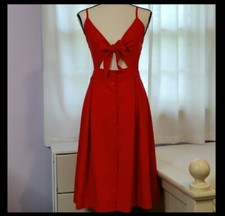 CUTE Red Button Up Skirt Ribbon Dress Size:S/M Read SIZING on DESCRIPTION!