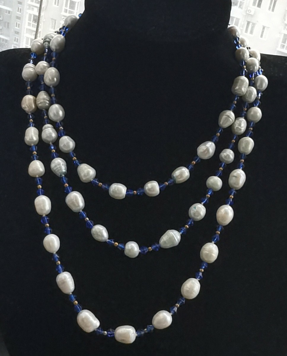 Dark Blue Dyed Cultured Freshwater Pearl Necklace with Swarovski(R) Crystals Dark Blue Dyed Cultured Freshwater Pearl Necklace with Swarovski(R) Crystals