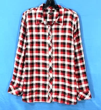 TALBOTS Red/Black/White METALLIC Buffalo Plaid Check TWILL BUTTON-UP Shirt Top L