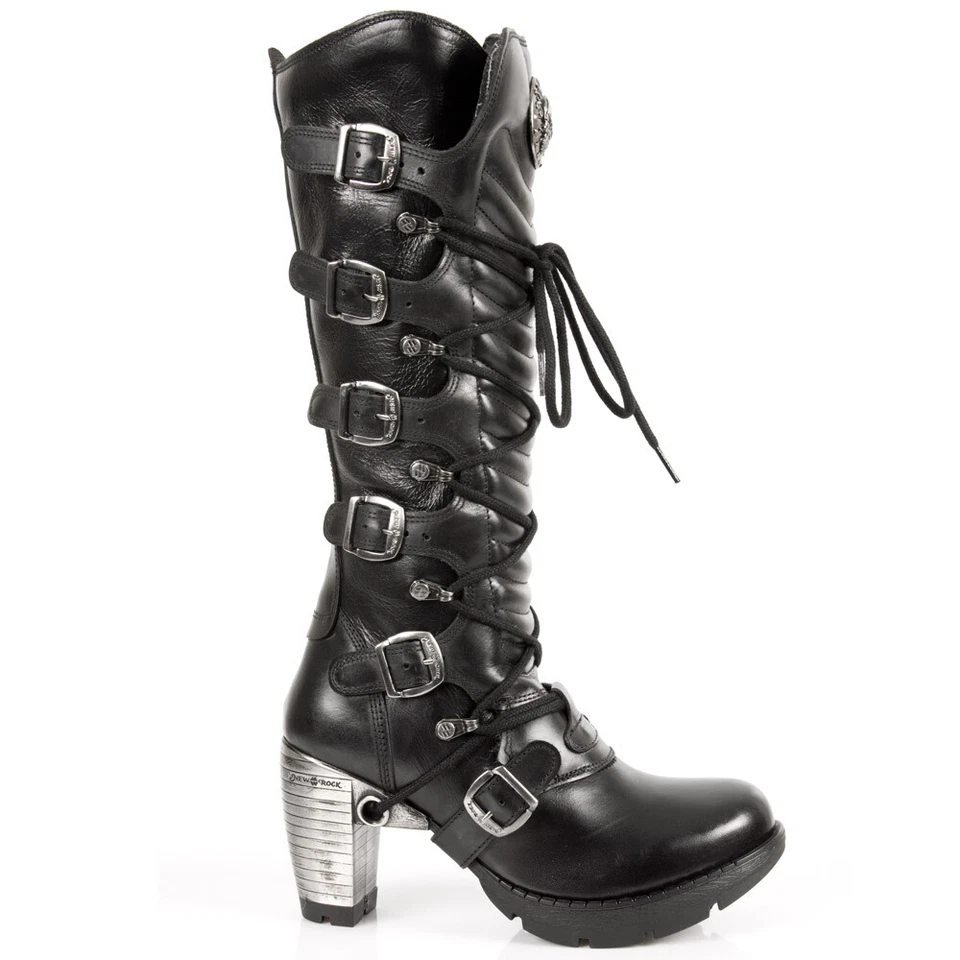 New Rock TR004-S1 Ladies Black Leather Boots Buckle Lace Knee High Biker Boots - Image 2 of 4