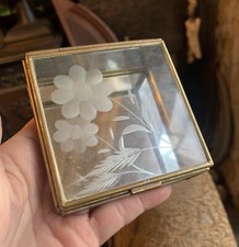 Vintage Footed Brass Trinket Box Casket Hinged Lid Etched Glass Mirror Base