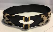 Vintage black leather exotic animal Fur Belt size S 28" 2 1/2 WIDE 40'S 30'S