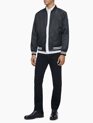 $125 Calvin Klein Striped Full Zip Bomber Jacket, Black , Size XXL