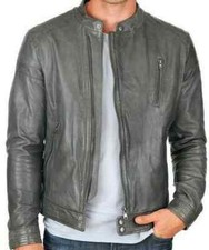 Mens Genuine Lambskin Leather Motorbike Biker Classic Style Slim Fit Grey Jacket