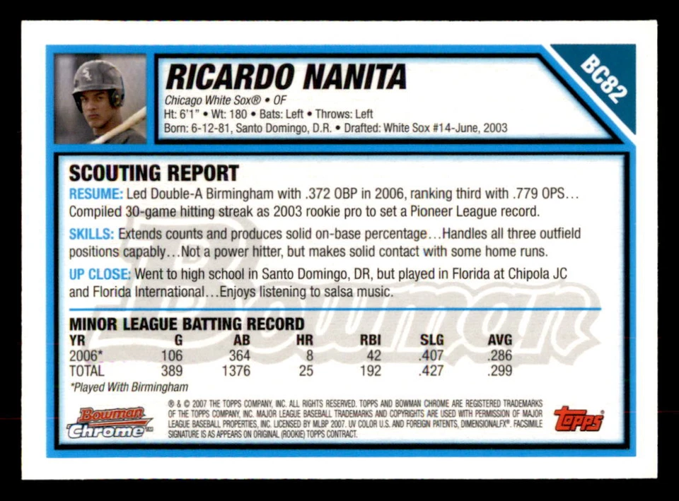 2007 Bowman Chrome Prospects #BC82 Ricardo Nanita Chicago White Sox - Image 2 of 2