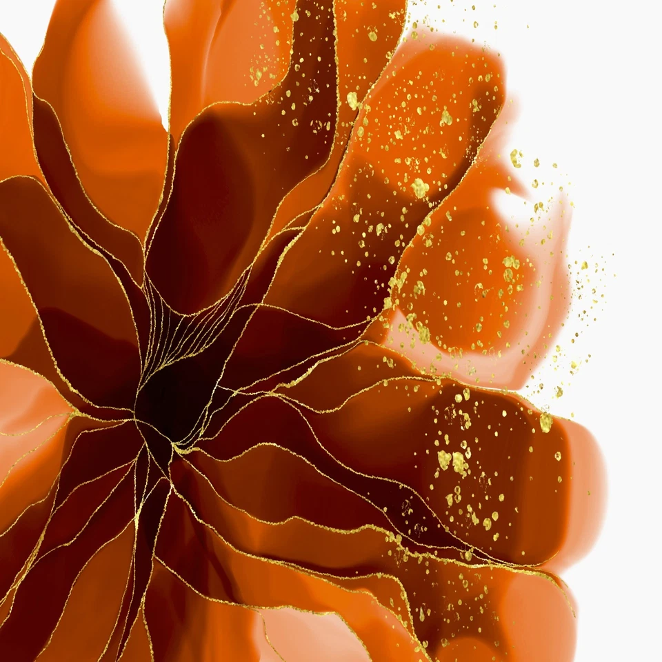 Abstract Rust Orange Flower Shower Curtain, Modern Gold Line Art Bathroom Decor - Image 2 of 4