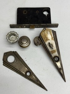 Antique Art Deco Door Hardware Set Glass Plated Knobs Escutcheons Thumbturn Lock