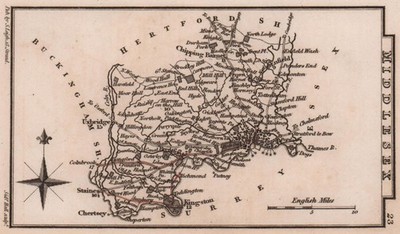 Middlesex Miniatur Grafschaft Karte von Samuel Leigh / Sidney Hall um 1820 alt