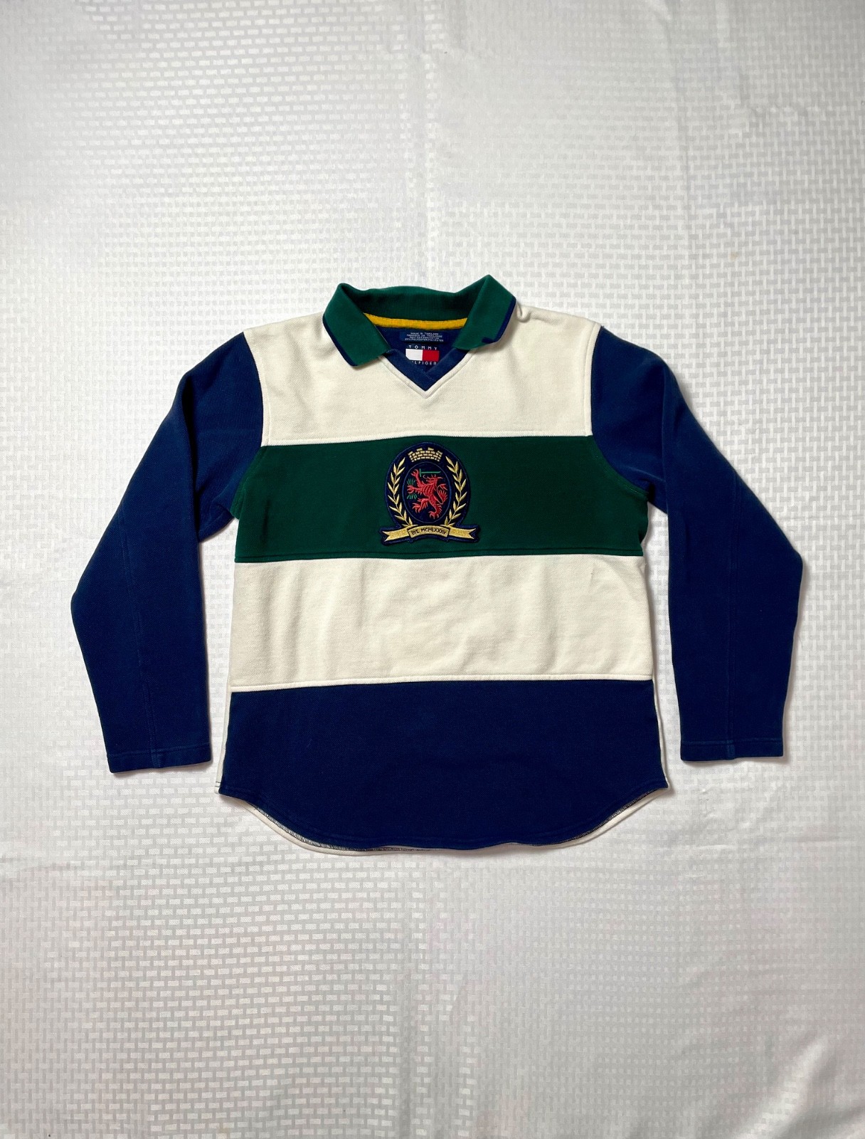 VINTAGE 90s Tommy Hilfiger Striped Rugby Jersey LS Shirt Navy & Green Men