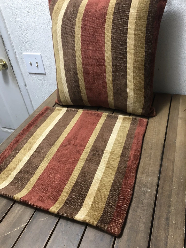 RESTORATION HARDWARE PAIR TAN/RED/BROWN PILLOW COVERS 22x22" STRIPES CHENILLE - Image 2 of 4