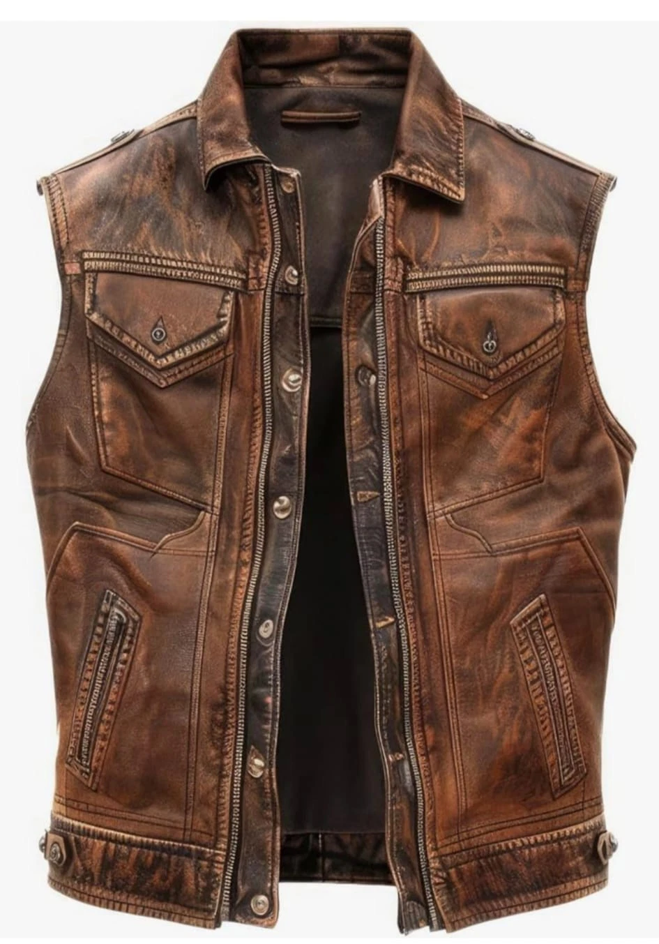 Men Vintage Distressed Cafe Racer Motorcycle Brown Leather Biker Vest