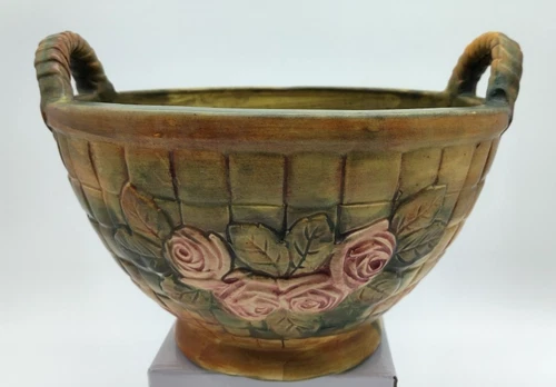 Weller Pottery Flemish Rose 9x7 Handled Basket Weave Planter Bowl 1910s - 1920s