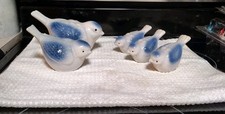 Set Of 5 Vintage Bird Figurines Mom Dad & Baby Blue & White Ceramic High Gloss