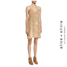 Alice + Olivia | Fierra Crushed Velvet Gold/Beige Tank Mini Dress, Size Large