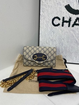 Gucci  Navy GG Supreme Canvas Horsebit 1955 Chain Shoulder Bag